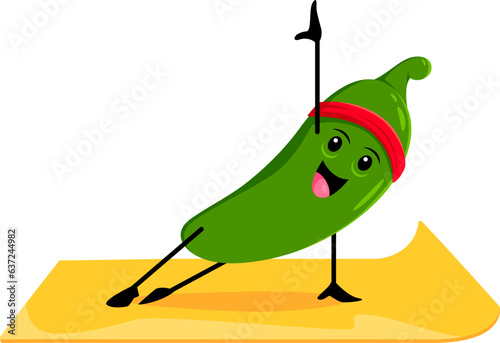 Cartoon Tex Mex Mexican food jalapeno pepper character on yoga or fitness. Mexican cuisine spice comical personage, Tex Mex fast food isolated vector comical mascot practicing yoga, doing fitness
