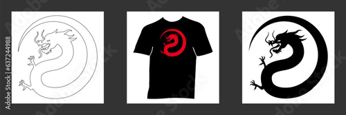 2024 - nouvel an chinois - dragon stylisé en forme de rond, noir rouge ou blanc, pour une impression sur un T-shirt noir.