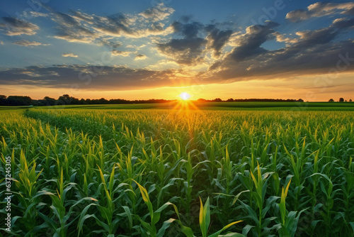 Field of corn at sunset during the year stock photo, in the style of uhd image © katobonsai