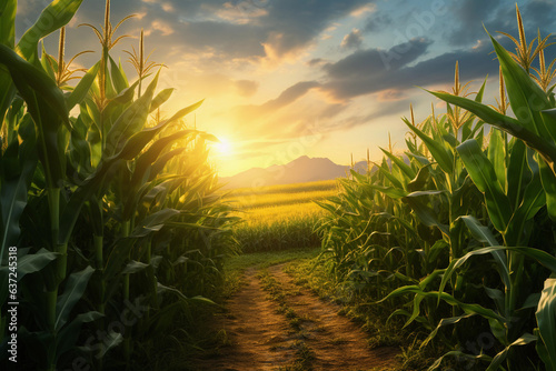 Field of corn at sunset during the year stock photo  in the style of uhd image