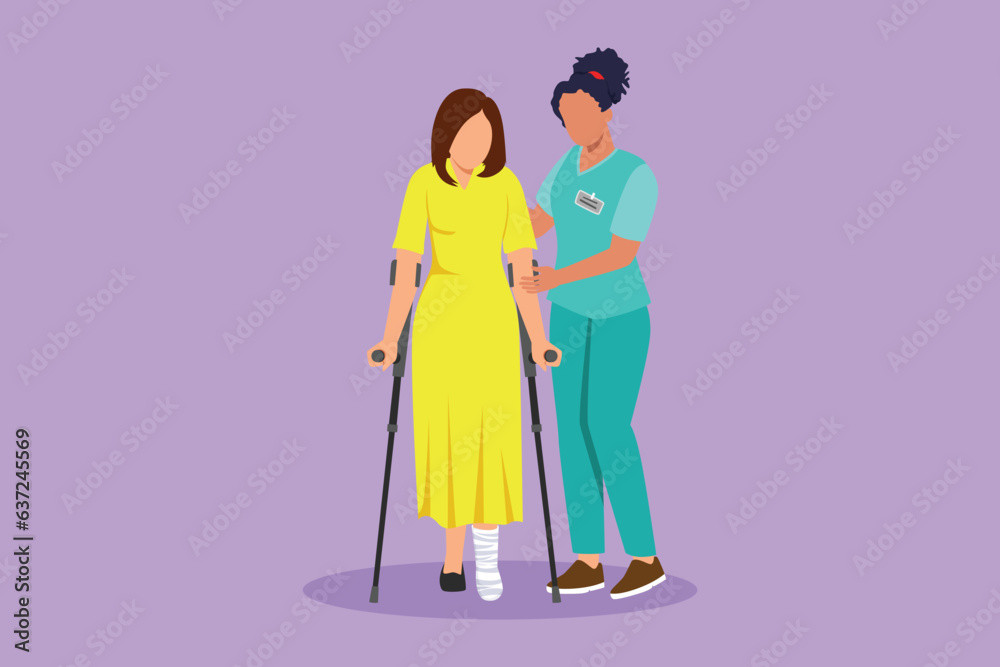 Cartoon flat style drawing woman patient learn to walk using crutches with help of doctor physiotherapist. Physiotherapy treatment of people with injury, disability. Graphic design vector illustration