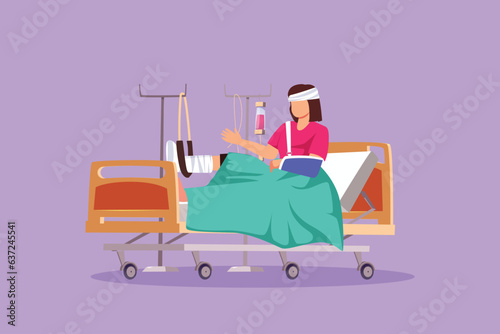 Graphic flat design drawing woman patient with broken leg lying in hospital. Hospitalization of patient. Sick person in bed. The leg is bandaged and fixed with cast. Cartoon style vector illustration