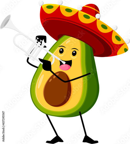 Cartoon funny mexican avocado character in sombrero hat playing a trumpet. Isolated vector amusing tropical fruit mariachi musician personage perform musical concert with a playful twist