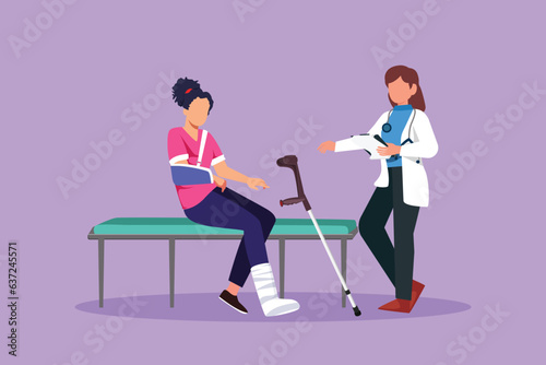 Cartoon flat style drawing leg fracture patient. Medical doctor talking to woman with broken leg in hospital room. Pretty girl on consultation with trauma problem. Graphic design vector illustration
