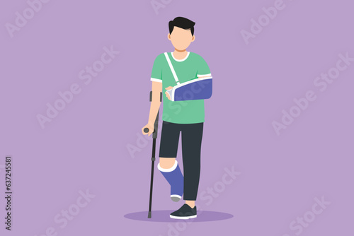 Cartoon flat style drawing sad and happy man with broken arm and leg in cast with crutch and fixing collar around his neck. Fracture limb. Injury male in hospital. Graphic design vector illustration