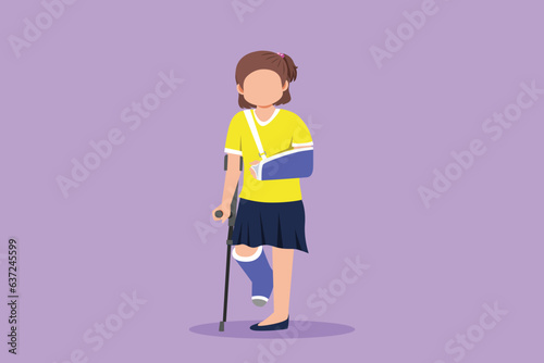 Cartoon flat style drawing sad injured child girl with broken arm and leg in gypsum. Full length upset injured pretty little girl standing on crutches in hospital. Graphic design vector illustration