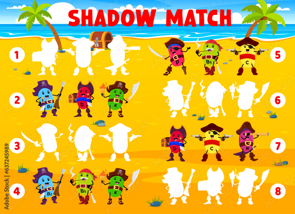 Fototapeta premium Shadow match game. Cartoon vitamin pirates and corsairs on treasure island. Silhouette find quiz or puzzle vector worksheet with P, B5, C and K, H, D vitamin pill pirate happy characters on shore