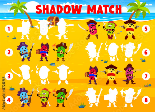 Shadow match game. Cartoon vitamin pirates and corsairs on treasure island. Silhouette find quiz or puzzle vector worksheet with P, B5, C and K, H, D vitamin pill pirate happy characters on shore