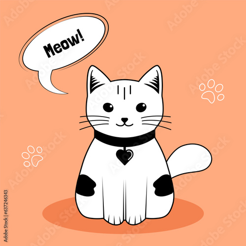 Cute cat square card, vector art decoration sticker, black and white kitty with speech bubble, meowing cat. Art for logos, mascot, print, web and other animalistic design.