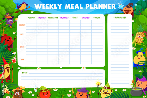 Weekly meal planner. Cartoon Halloween fruit wizards and mages. Diet menu weekly journal, food daily vector timetable with mango, plum, orange, pineapple and guava, lemon sorcerer cute personages