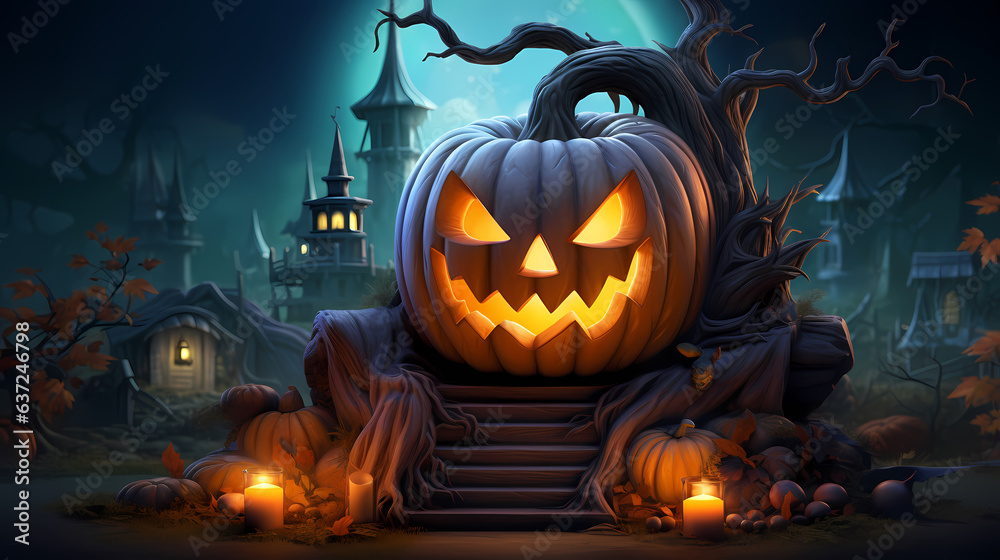 halloween background with pumpkins.Halloween background with Evil Pumpkin. Spooky scary dark Night forrest. Holiday event halloween banner background concept