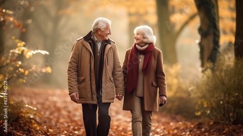 Loving Senior Couple Holding Hands As They Walk Along Autumn Woodland Path Through Trees Together
