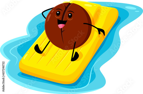 Cartoon cheerful macadamia nut character blissfully lounges on an inflatable mattress during a summer vacation. Isolated vector kernel personage soaking up the sun and enjoying the ultimate relaxation