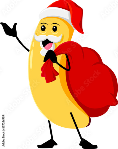 Cartoon cheerful Christmas holiday banana fruit Santa Claus character carries gifts bag. Isolated vector xmas Father Noel tropical fruit personage deliver presents and spreading festive spirit and joy