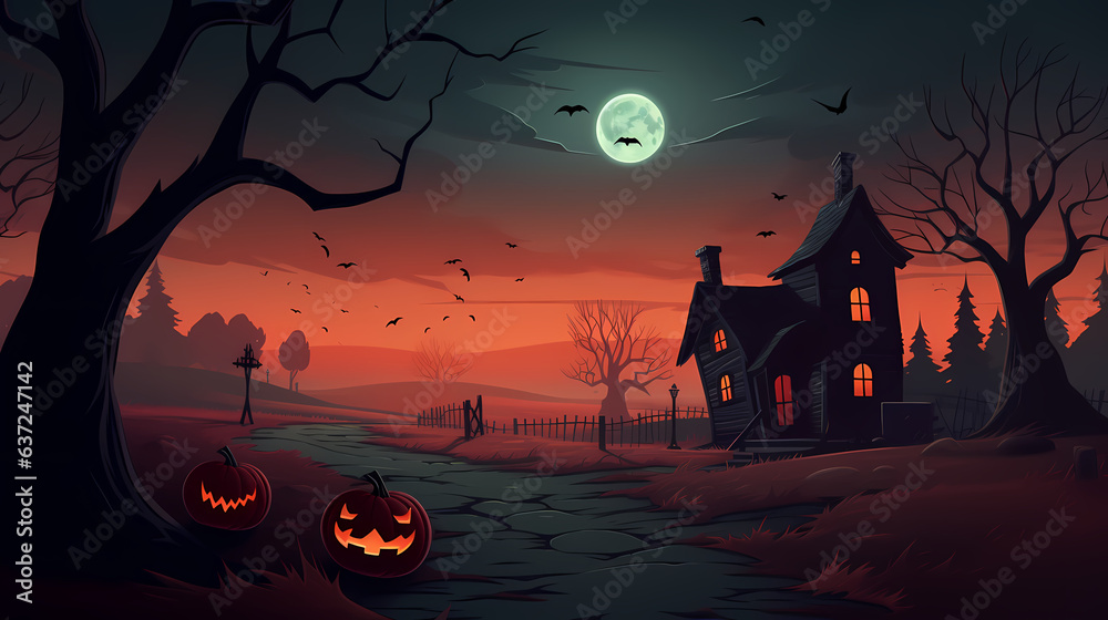 Happy Halloween background with scary pumpkins and castle haunted, Halloween background with Evil Pumpkin. Spooky scary dark Night forrest. Holiday event halloween banner background concept