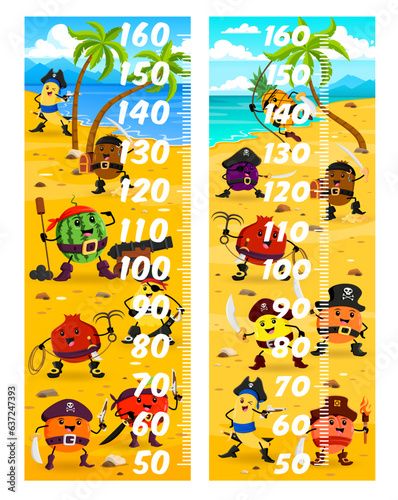 Kids height chart measure ruler with cartoon fruit pirates and corsairs characters. Vector children growth meter scale of pirate treasure island with cute pineapple, banana, lemon fruit corsairs