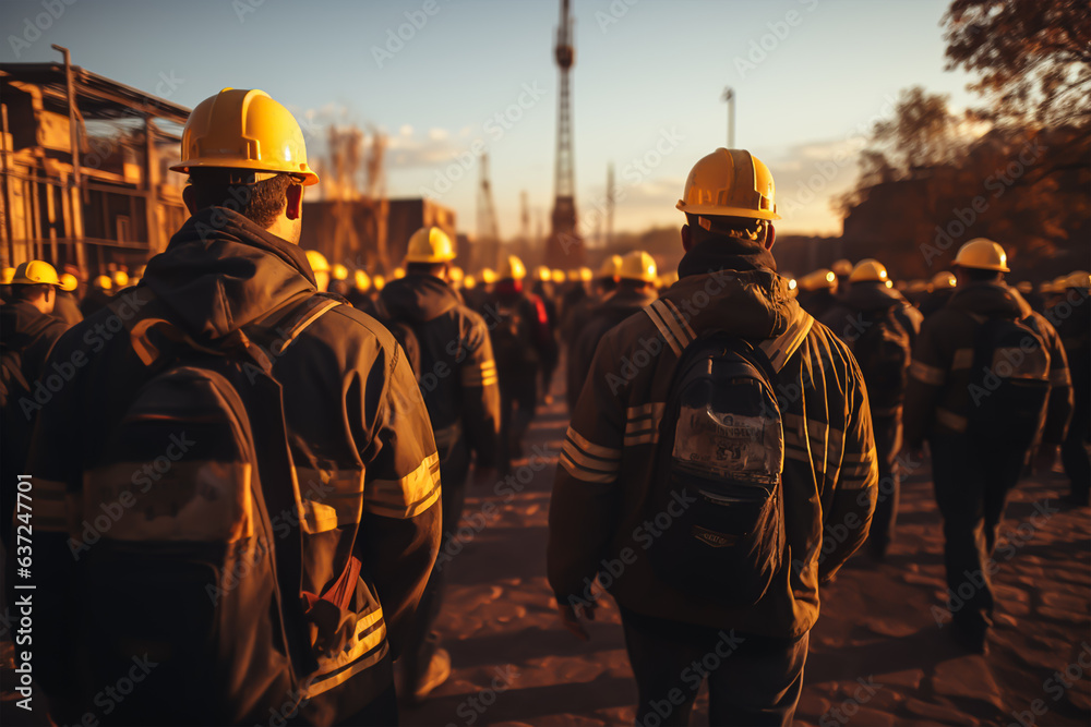 Workers helmets at the factory, view from the back, group of workers, change of workers in the factory. Generative ai Workers helmets at the factory, view from the back, group of workers, change of workers in the factory. Generative ai