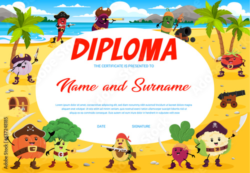 Kids diploma, cartoon vegetable pirate or corsair characters on treasure island. Vector certificate with broccoli, eggplant, radish and garlic. Tomato, pumpkin, cucumber and cauliflower, chili pepper