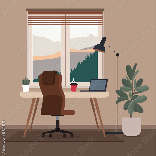 Loft interior of home office. Table with laptop and hot coffee. Work space with window. Cozy job atmosphere. Workplace for freelancer, designer, busines, finances or marketing worker