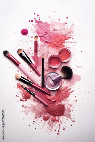 palettes of makeup, a brush and other cosmetic item, in the style of light magenta and red