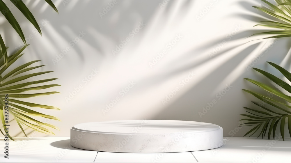 White marble podium stand mock up template display showcase for product presentation with freshness nature branch tree leave with shadow,ai generate White marble podium stand mock up template display showcase for product presentation with freshness nature branch tree leave with shadow,ai generate