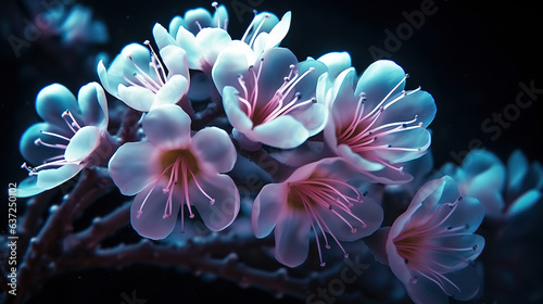 Blue and pink flowers on a black background.Generative Ai © Shades3d