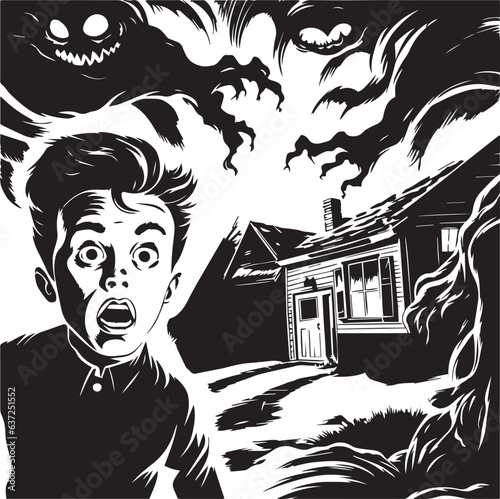 Frightened boy runs through the forest, Halloween illustration, vector illustration, SVG