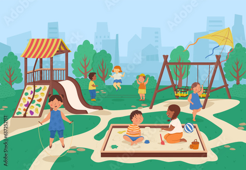 Kids playground without kids in park. School area. Outdoor playground equipment for kindergarten or house. Vector cartoon background. Funny children character. Sandbox, slide and swing