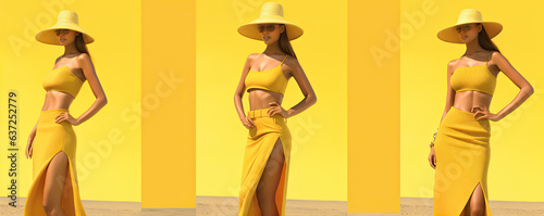 Models woman posing on the beach in yellow skirts.