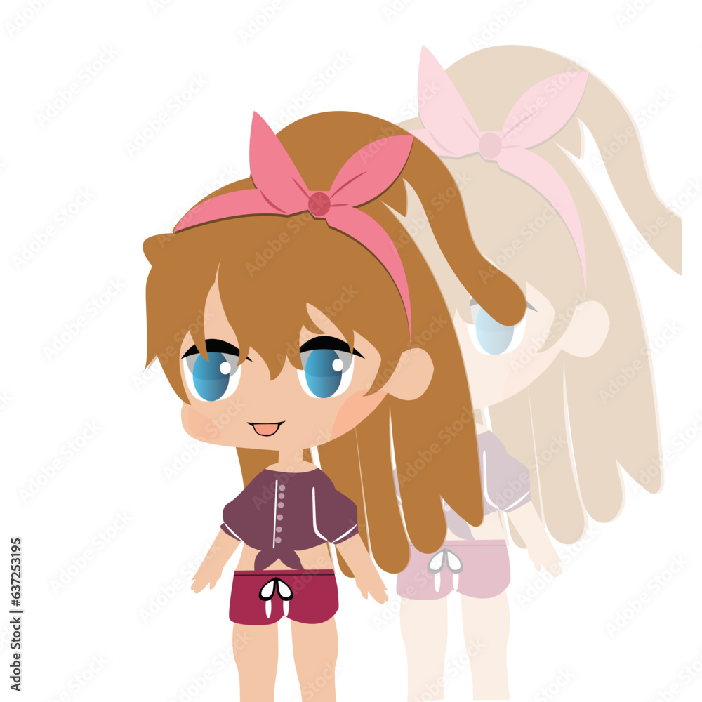 Cute girl or doll cartoon character wearing headband with shadow on white background. 