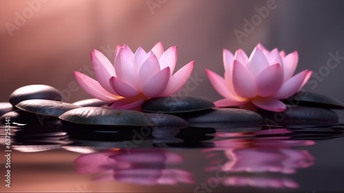 lotus flowers in water and zen stones, spa and wellness concept