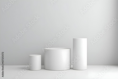 3d render of white round podium on the wooden floor in the modern room. AI Generative Illustration. Podium for product shoot. Minimal Display for product.