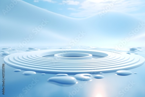 3d render of white podium in the desert with waves and blue sky AI Generative Illustration. Podium for product shoot.