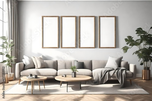 beautiful interior design with sofas, scenery, and plant 3d render
