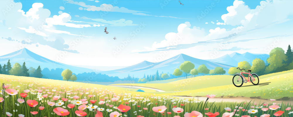 Summer landscape with bicycle and meadows full of flowers. Holiday sunshine banner.