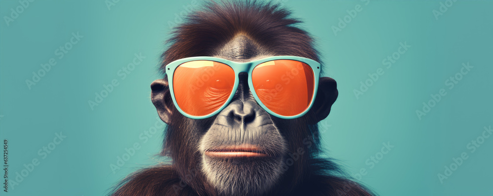 Fancy ape or gorilla with sunglasses,  printable design for t-shirts. Fanny ape copy space for text. banner - obrazy, fototapety, plakaty 