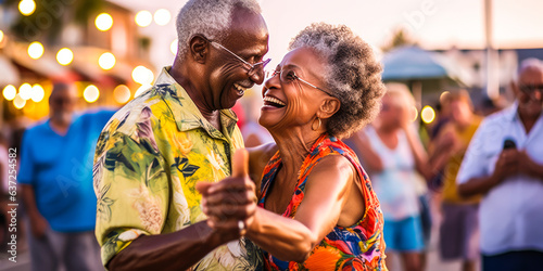 Vibrant senior couple in blissful dance on color-rich Floridian boardwalk, background captures lively crowd and quaint shops subtly blurred.