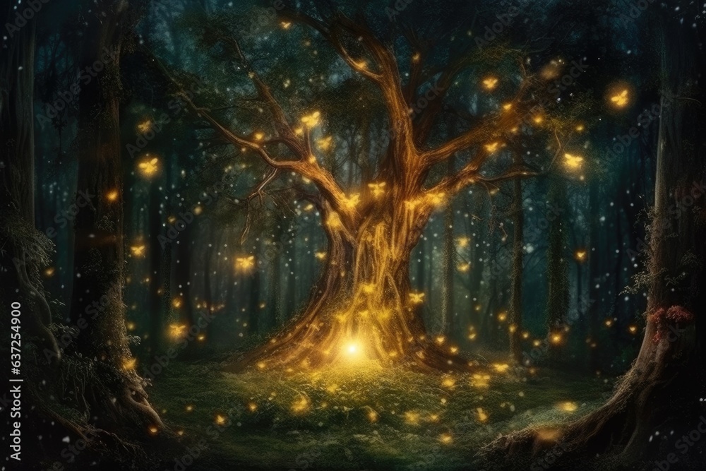 Magical night time landscape with sparkly lights in forest