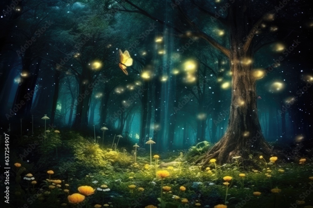 Naklejka premium Magical forest path with glowing fireflies night magical fantasy forest landscape