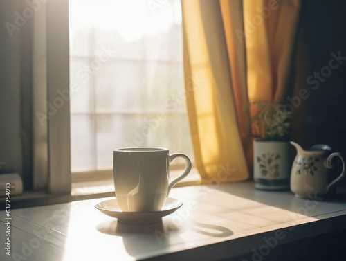 A cup of tea or coffee on a wooden windowsill with morning sunlight from the window. Generated AI. Rustic style