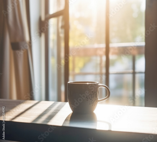 A cup of tea or coffee on a wooden windowsill with morning sunlight from the balcony window. Generated AI. Rustic style