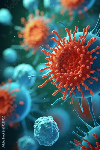 Background with viruses, 3D illustration of an organism. © katobonsai