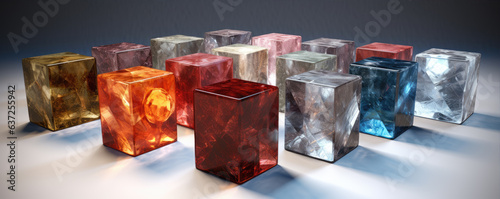 Many colored cubes from crystal or glass. Cub in diferrent colors. photo