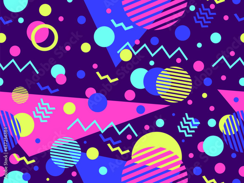 80s seamless pattern with geometric shapes in memphis style. Circles and triangles. Colorful abstract background for printing on promotional items, banners and wrapping paper. Vector illustration
