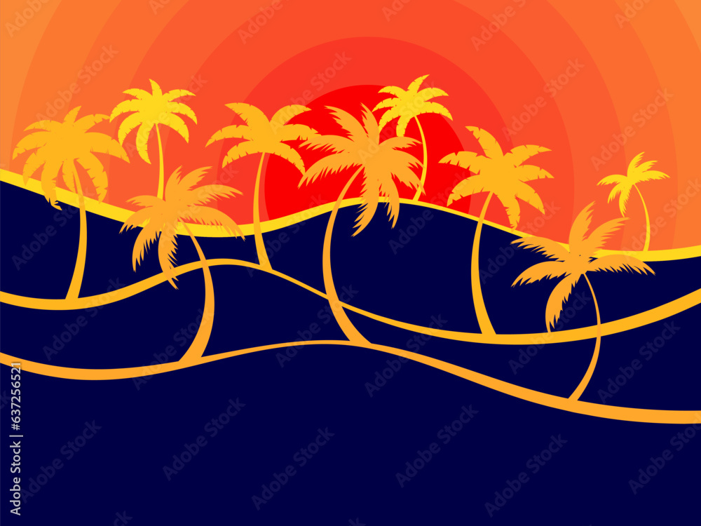 Landscape with a linear wavy landscape with silhouettes of palm trees against the sunset. Landscape in a minimalist style in orange on a black background. Vector illustration