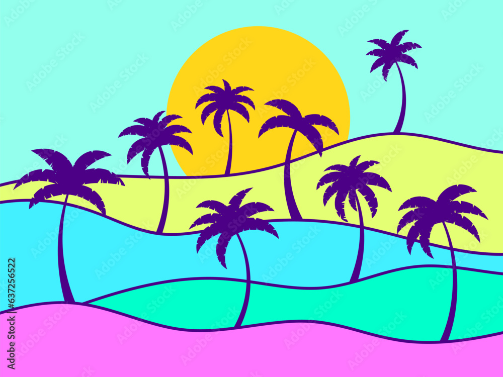 Wavy colorful landscape with silhouettes of palm trees against the background of the rising sun. Wavy landscape in line art style. Design for print t-shirt and banner. Vector illustration