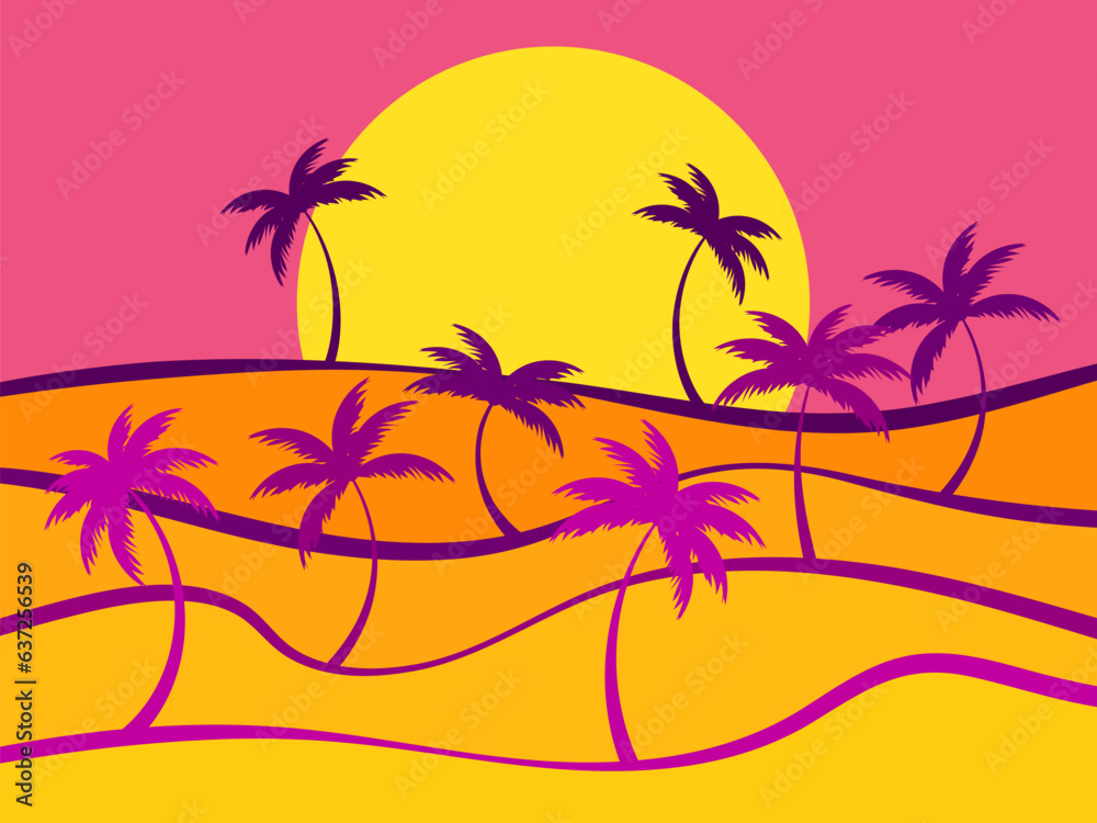 Wavy desert landscape with sun and palm trees. Sunrise in the desert, sand dunes with silhouettes of palm trees. Design for print, banners and posters. Vetornaya illustration