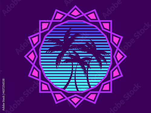 Fototapeta Naklejka Na Ścianę i Meble -  Sunset with palm trees in 80s style. Summer party. Retro futuristic sun with outline palm trees in synthwave style. Design for printing advertising brochures, banners and posters. Vector illustration