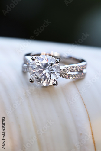 A beautiful diamond ring for a wedding placed on the display.