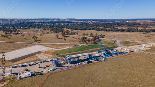 Aerial drone view of the construction site of the new metro station at Luddenham in Western Sydney, NSW Australia on a sunny day in August 2023 